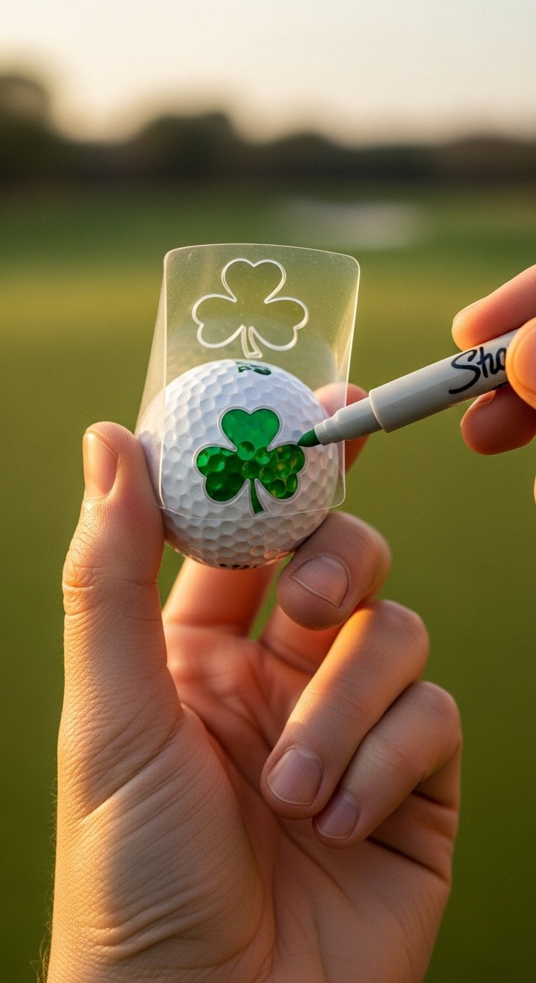 Close-Up Of A Hand Using A Shamrock Stencil And Green Sharpie To Draw A Lucky Symbol On A White Golf Ball On The Course.