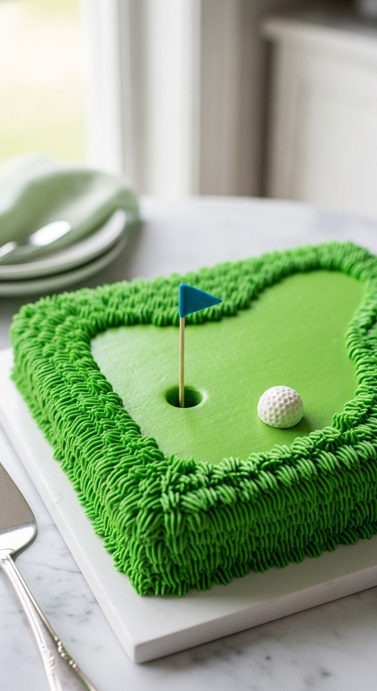 9 Golf Themed Cakes Beginner To Expert Designs And Tips Close-Up Of A Hyperrealistic Golf Themed Sheet Cake With Green Buttercream Fairway, Edible Golf Ball, And Hole Cutout On Marble.