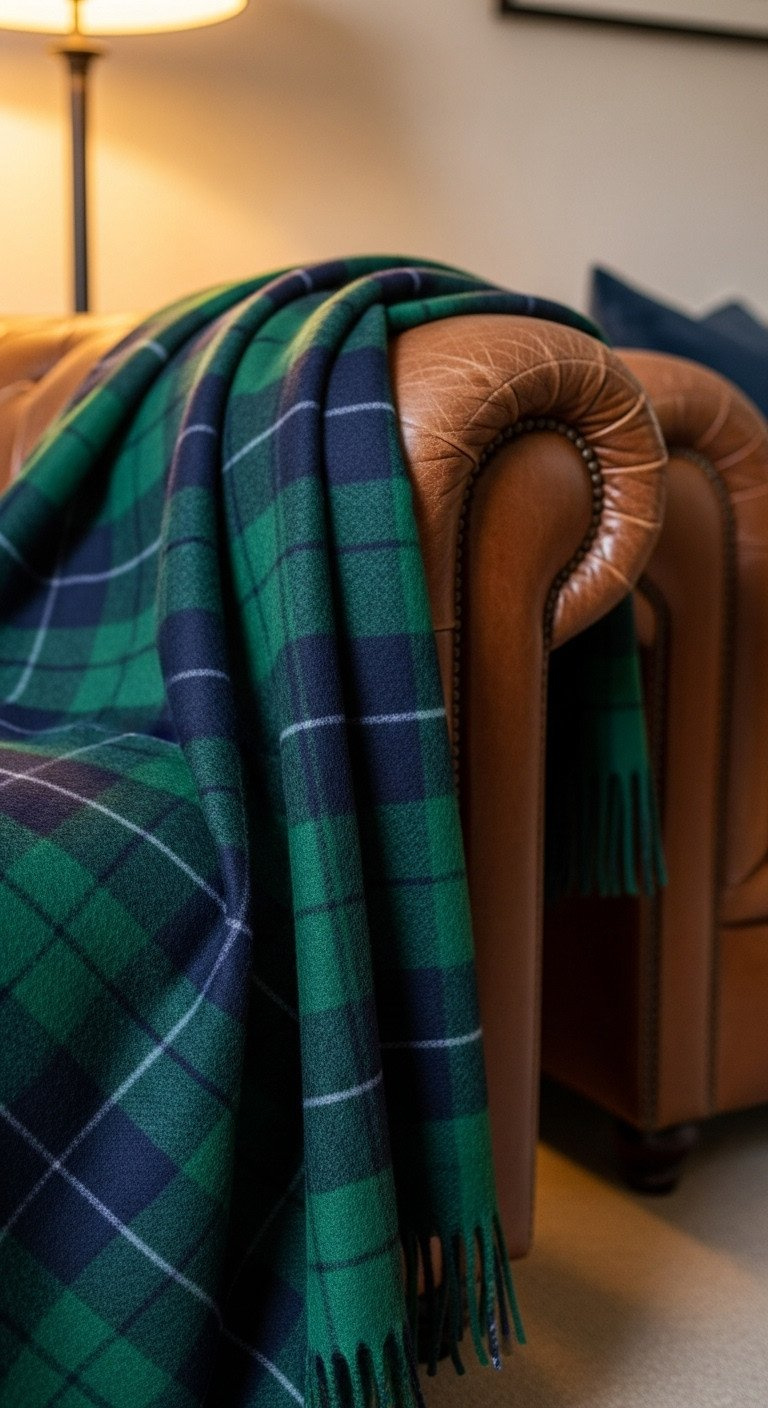 Close-Up Of A Luxurious Hunter Green And Navy Plaid Wool Tartan Throw Draped Over The Arm Of A Brown Leather Chesterfield Sofa.
