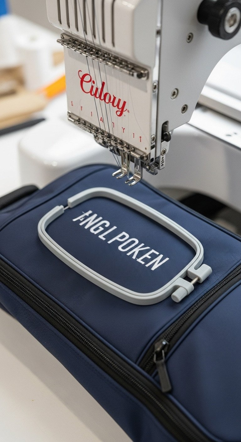 The 7 Secrets To Perfect Golf Embroidery On Bags And Polos Close-Up Of A Nylon Golf Bag Pocket Hooped For Embroidery Personalization, Showing Magnetic Clamp, Heavy-Duty Needle, Clean Workspace.