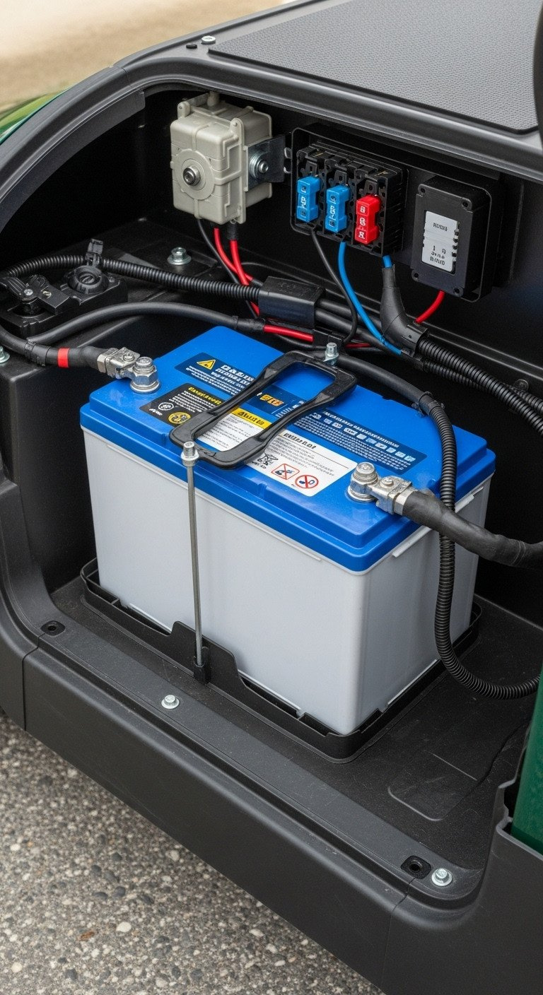 Close-Up Of A Securely Mounted Deep Cycle Marine Auxiliary Battery In A Golf Cart, Showing Clean, Fused Heavy-Gauge Wiring For Reliable Power.