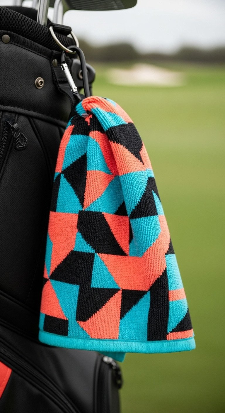 Close-Up Of A Vibrant Waffle Knit Golf Towel With Bold Coral And Turquoise Geometric Pattern, Clipped To A Golf Bag.