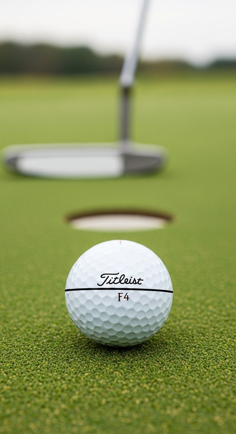 Close-Up Of A White Titleist Golf Ball On A Putting Green With A Crisp Black Sharpie Line For Putting Alignment.