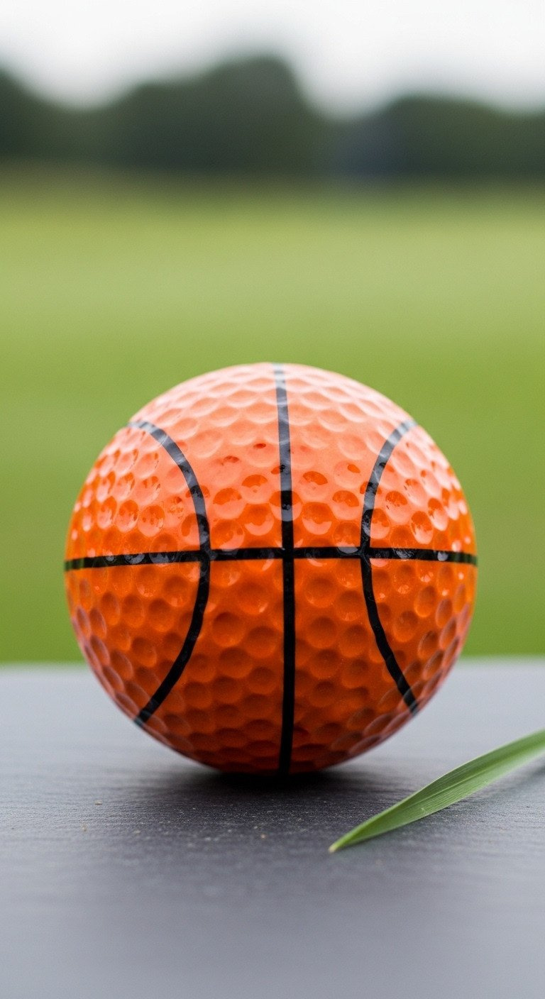 Close-Up Of A White Golf Ball Hand-Drawn To Look Like A Bright Orange Basketball, Sitting On A Gray Slate On A Golf Course.