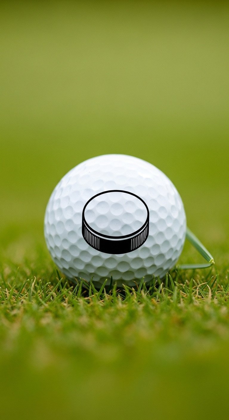 7 Genius Hockey Sharpie Ideas For Your Golf Balls Close-Up Of A White Golf Ball On A Lush Green Putting Green With A Solid Black Hockey Puck Design Drawn On It With A Sharpie.