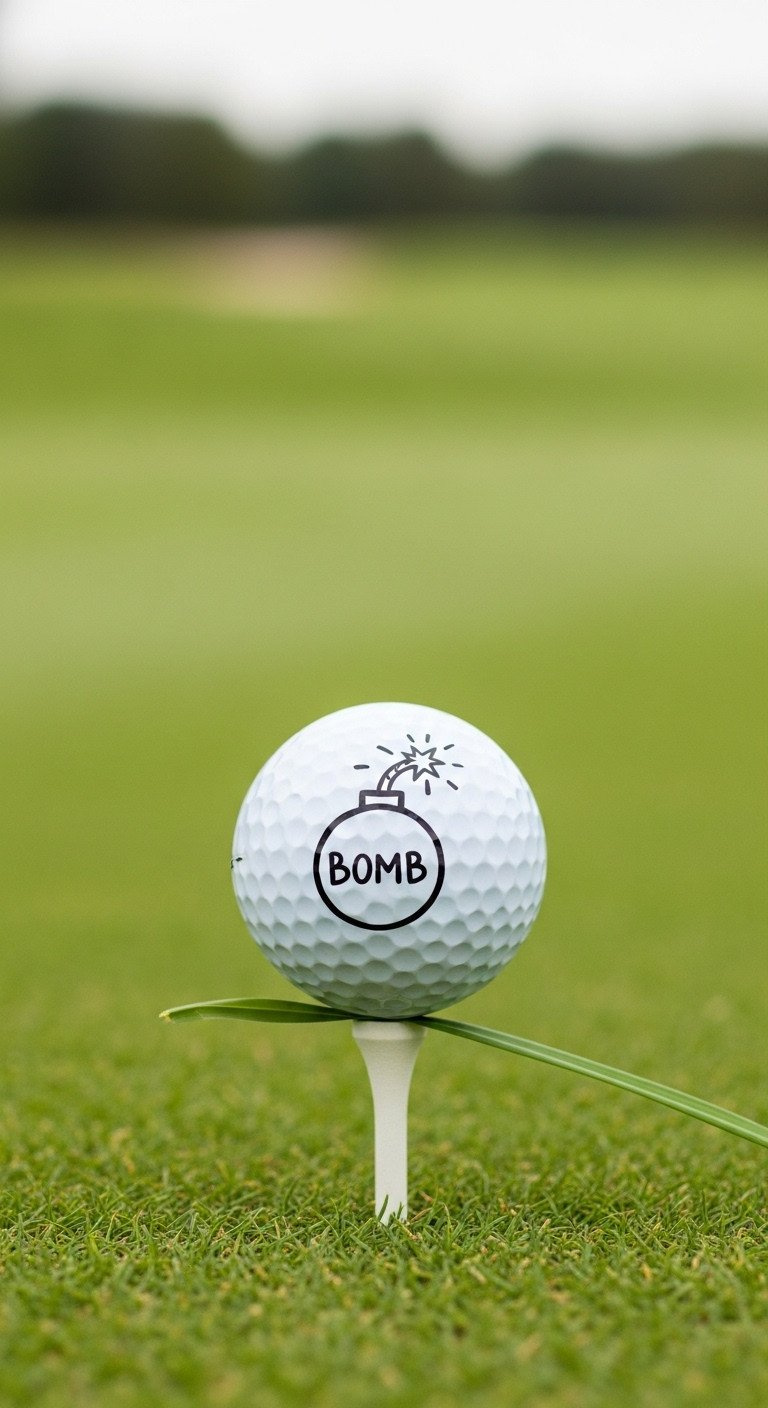 Close-Up Of A White Golf Ball On A Tee With A Funny, Hand-Drawn Bomb Design, Set Against A Blurred Green Golf Course.