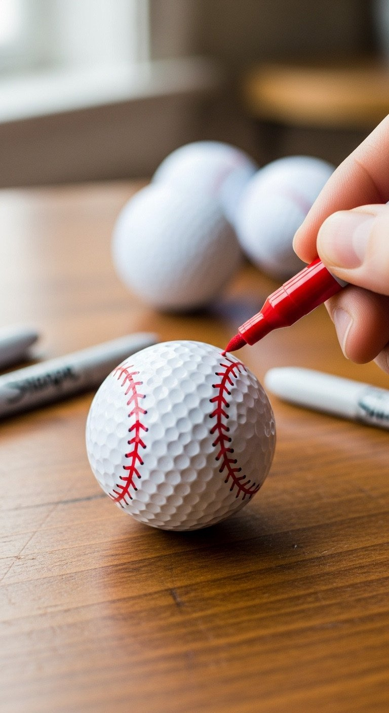 13 Cool Sharpie Golf Ball Designs With Step By Step Tips Close-Up Of A White Golf Ball On A Wood Table With Red Baseball Stitches Being Drawn On Its Surface With A Sharpie.