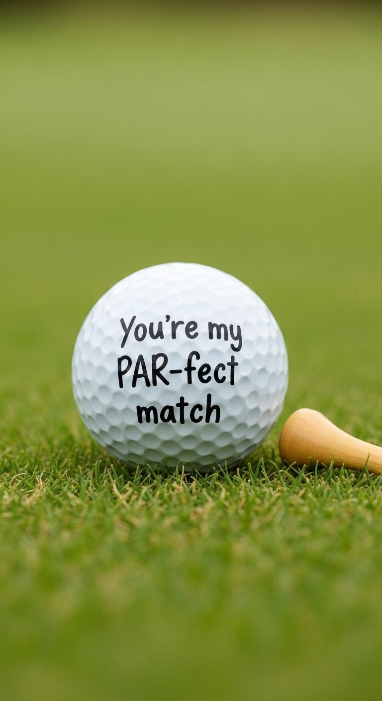 Close-Up Of A White Golf Ball On Green Grass With The Hand-Lettered Pun, 'You'Re My Par-Fect Match' In Black Script.