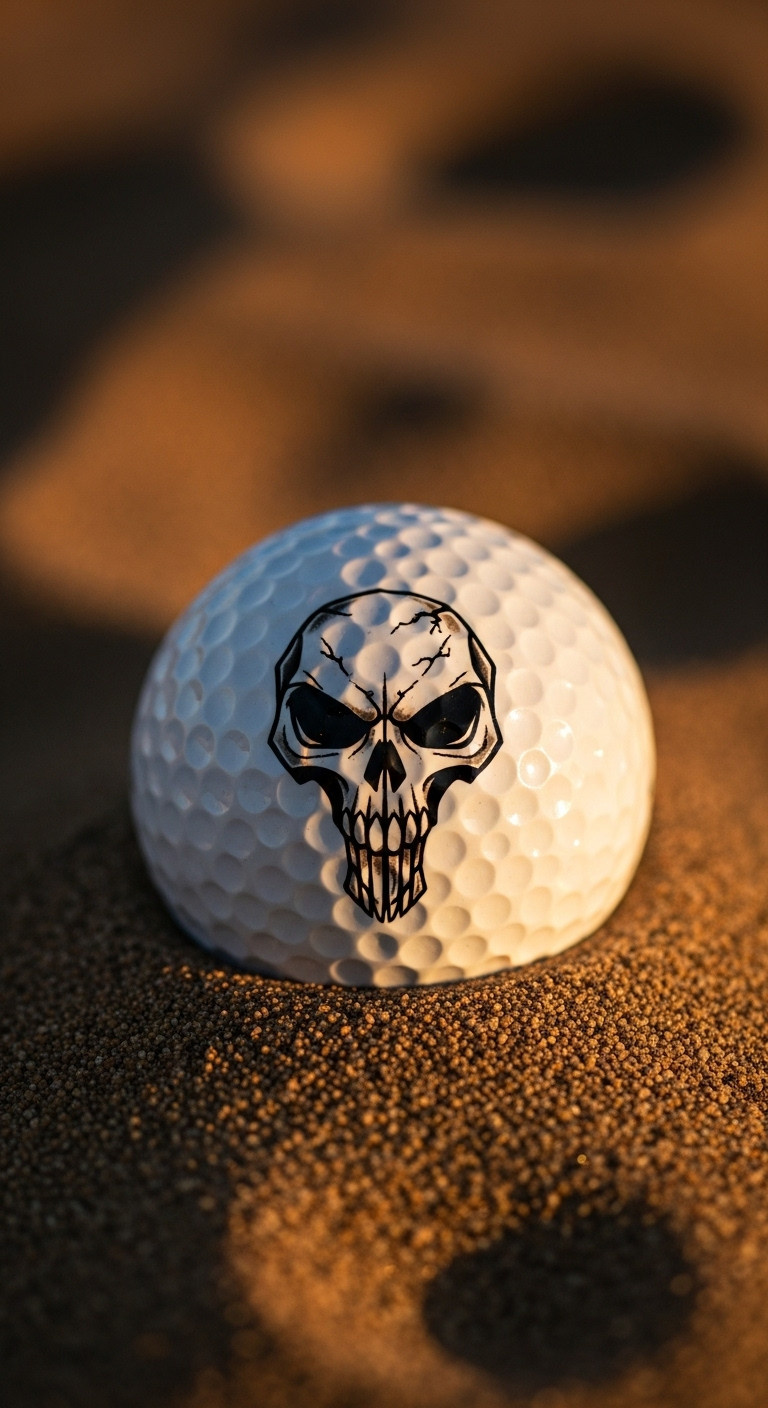 9 Genius Star Wars Golf Ball Designs That Will Not Smudge Close-Up Of A White Golf Ball With A Mandalorian Krybes Skull Symbol, Partially Buried In Sand During Golden Hour.