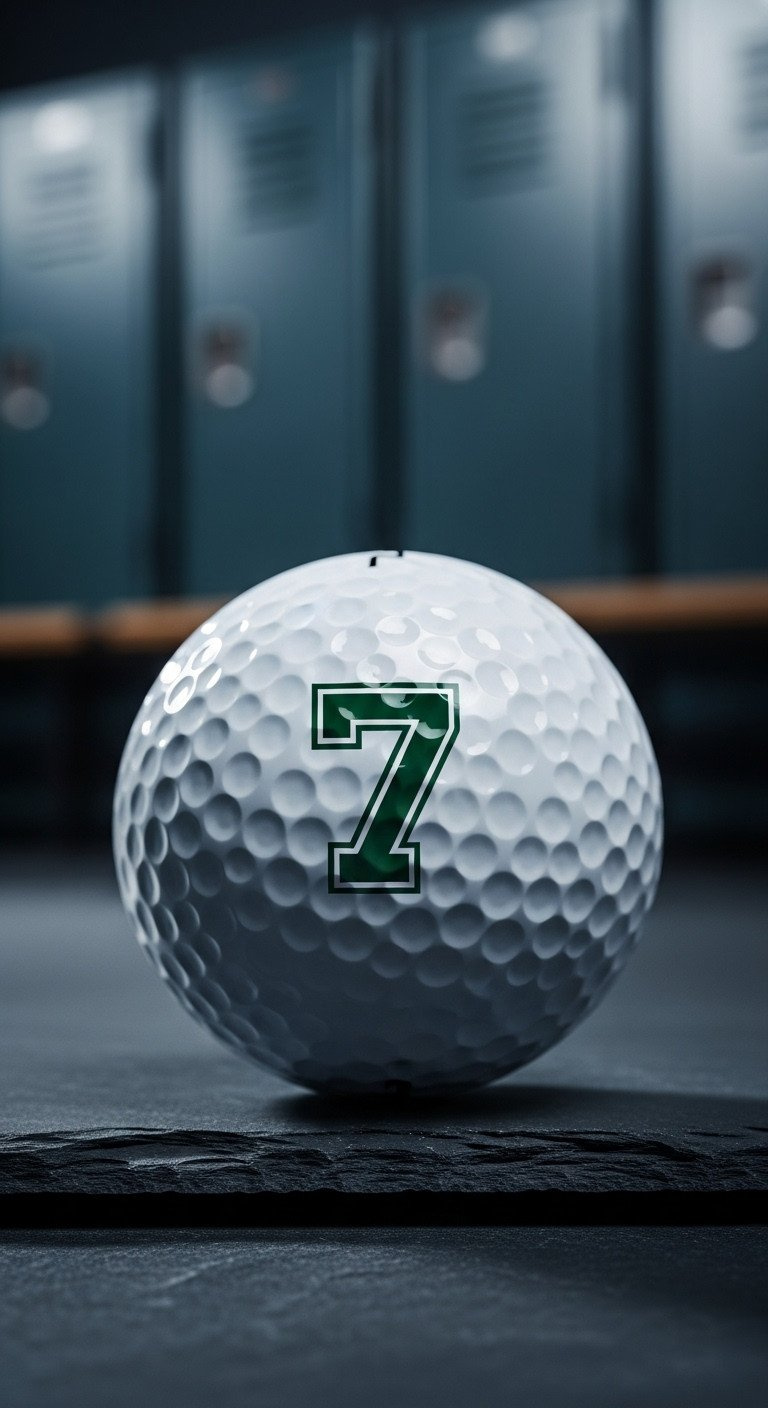 Close-Up Of A White Golf Ball With A Bold, Dark Green Varsity-Style Number '7' Resting On A Dark Slate Surface.