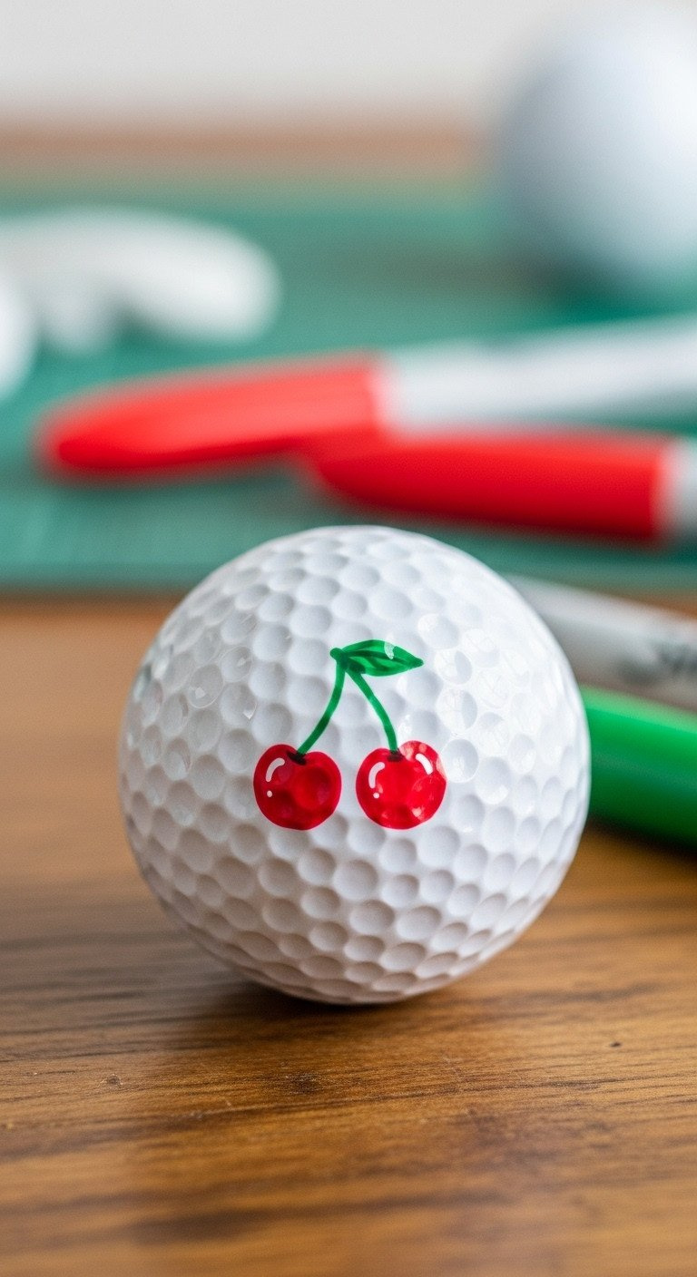 Close-Up Of A White Golf Ball With A Cute, Hand-Drawn Red Cherry Design, A Diy Craft Project For A Personalized Gift.