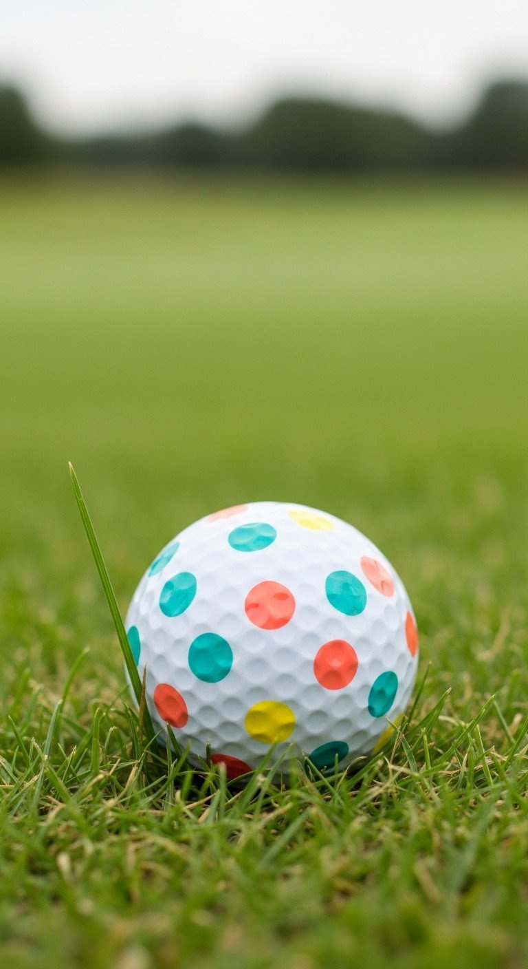 11 Brilliant Sharpie Golf Ball Designs That Actually Last Close-Up Of A White Golf Ball With A Fun Polka Dot Pattern In Teal, Coral, And Yellow, Nestled In Lush Green Grass.