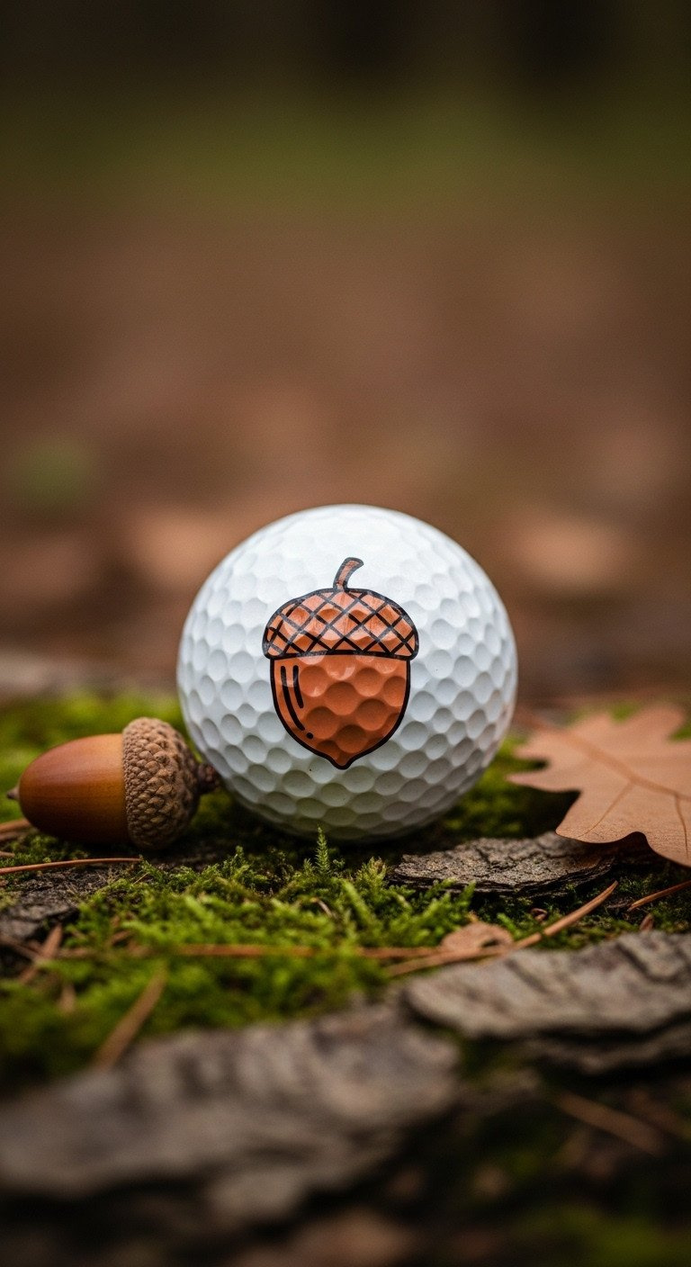 Stunning Fall Golf Ball Designs To Make With A Sharpie Close-Up Of A White Golf Ball With A Hand-Drawn Brown Acorn Design Resting On A Bed Of Green Moss And Tree Bark.
