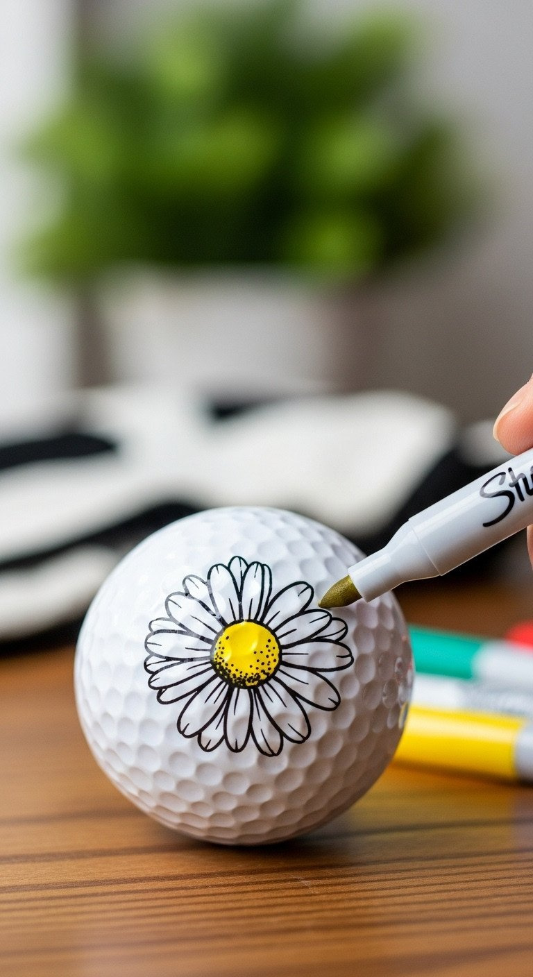 Close-Up Of A White Golf Ball With A Hand-Drawn Daisy Design On A Rustic Wood Table With Sharpie Markers In The Background.
