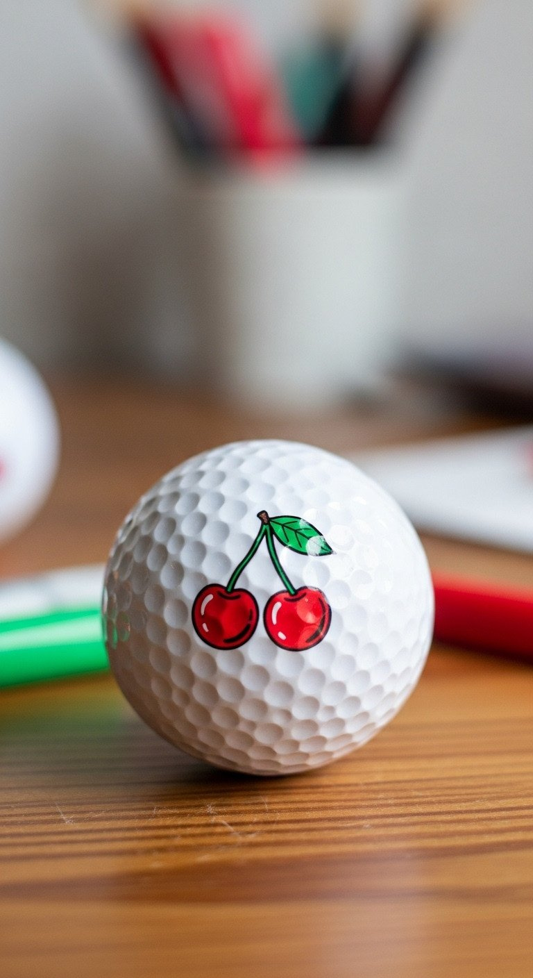 Close-Up Of A White Golf Ball With A Hand-Drawn Design Of Two Red Cherries On A Rustic Wood Table In A Craft Space.