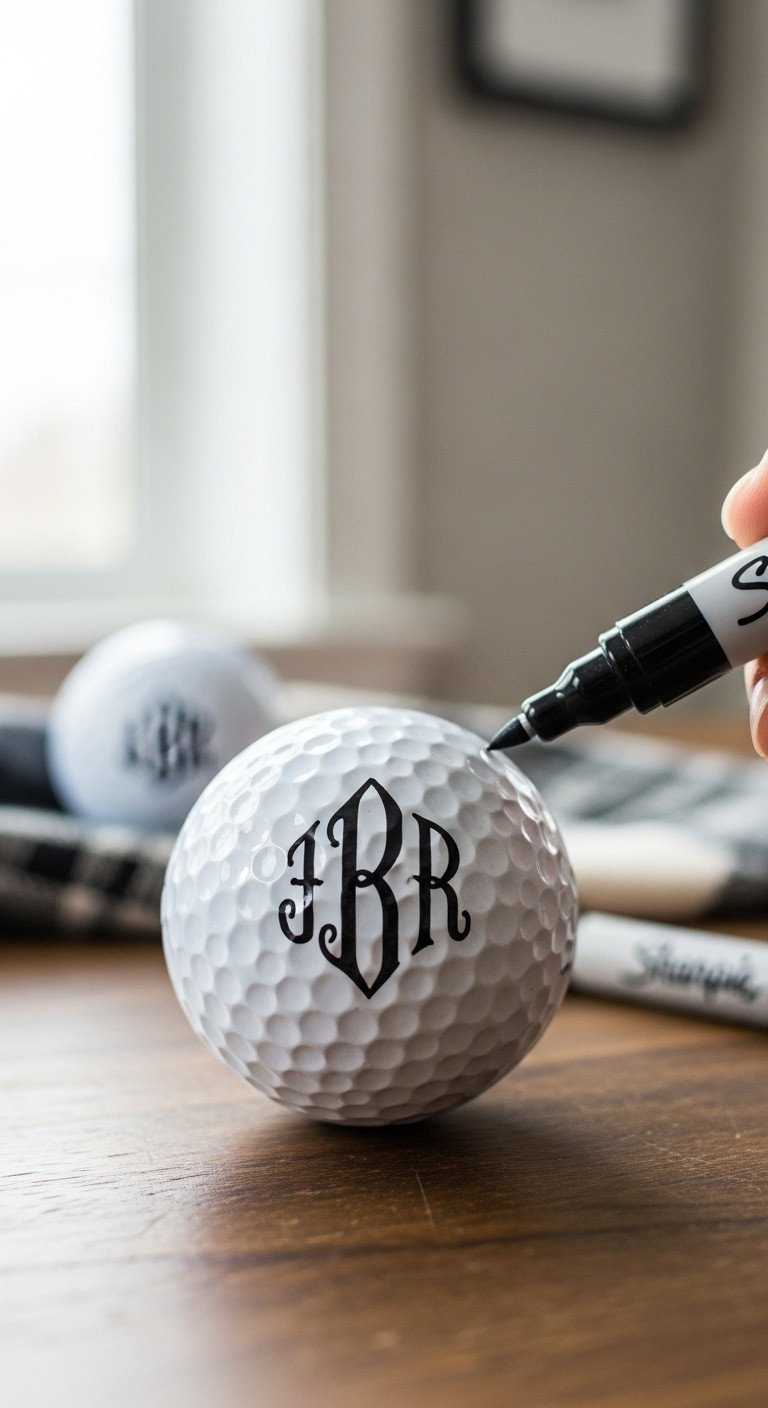 Close-Up Of A White Golf Ball With A Hand-Drawn Elegant 'Jr' Monogram In Black Ink, Styled On A Rustic Wood Table.