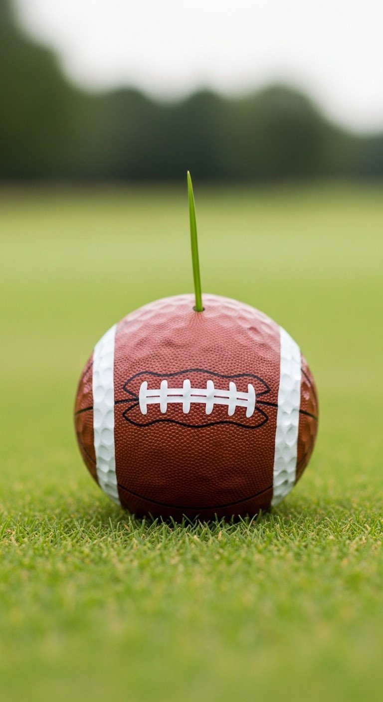 Close-Up Of A White Golf Ball With A Hand-Drawn Football Lace Design Resting On The Vibrant Green Grass Of A Golf Course.