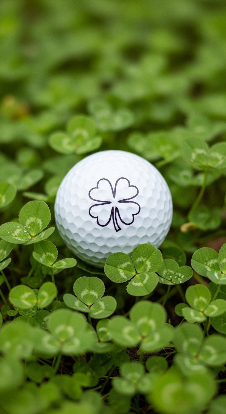 9 Easy Sharpie Golf Ball Designs That Actually Last Close-Up Of A White Golf Ball With A Lucky Hand-Drawn Shamrock Marking In Black Ink, Resting On A Dewy Clover Patch.