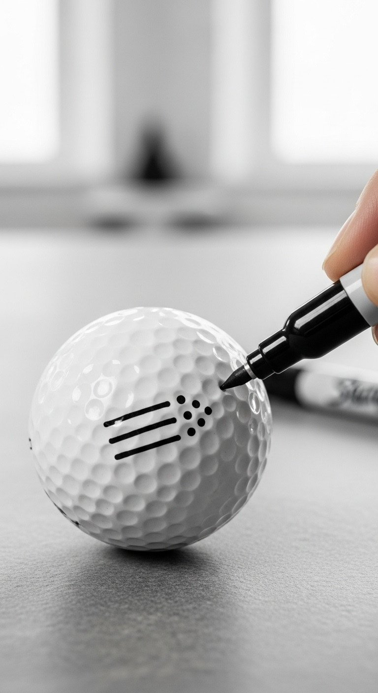 Close-Up Of A White Golf Ball With A Minimalist Diy Design Of Parallel Lines And Dots Drawn In Black Sharpie On A Stone Surface.