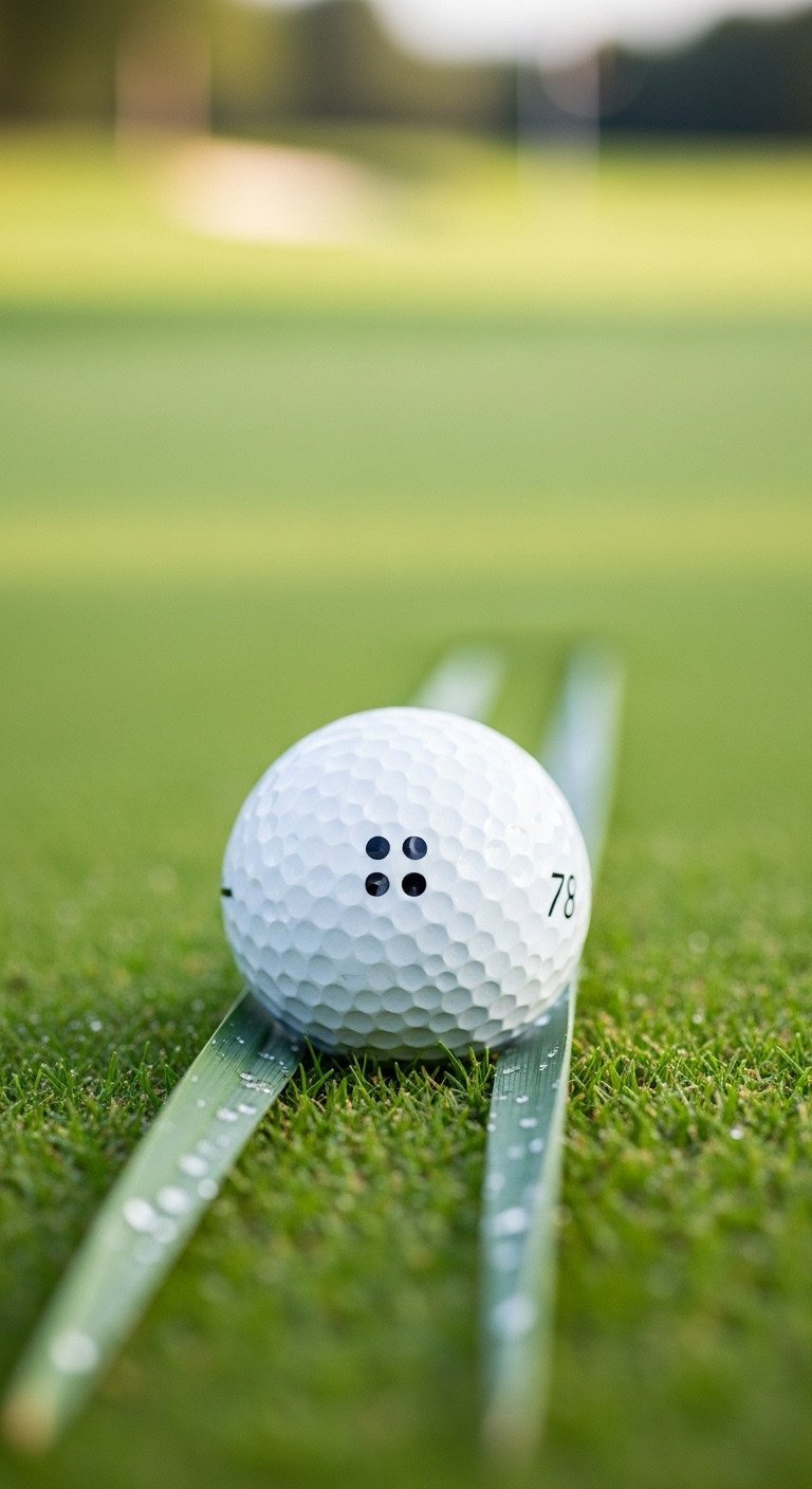 11 Brilliant Sharpie Golf Ball Designs That Actually Last Close-Up Of A White Golf Ball With A Minimalist Three-Dot Triangle Marking, Resting On A Dewy Blade Of Grass On A Green.