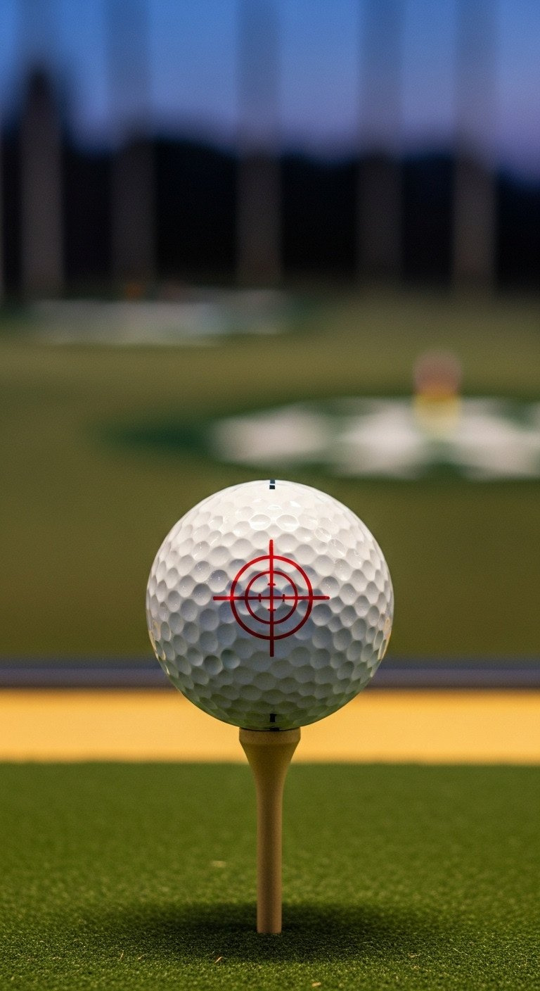 Close-Up Of A White Golf Ball With A Red Target Crosshairs Marking, Balanced On A Wooden Tee At A Driving Range.