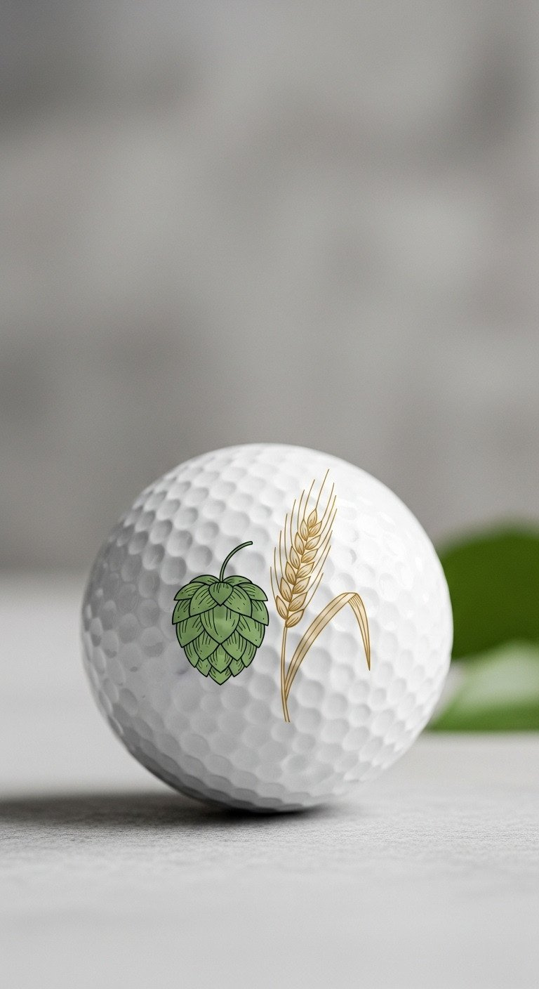 9 Brilliant Sharpie Golf Ball Designs That Will Never Smear Close-Up Of A White Golf Ball With An Elegant, Minimalist Green Hops And Golden Barley Line-Art Design.