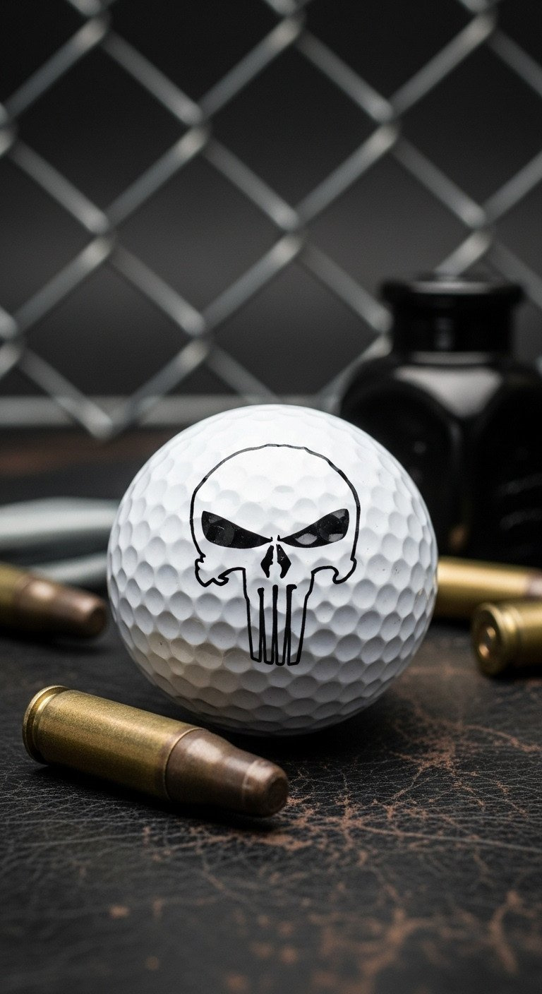 11 Genius Marvel Golf Ball Designs You Can Make With A Sharpie Close-Up Of A White Golf Ball With The Black Punisher Skull Logo, On A Weathered Leather Surface With Ammo Casings.