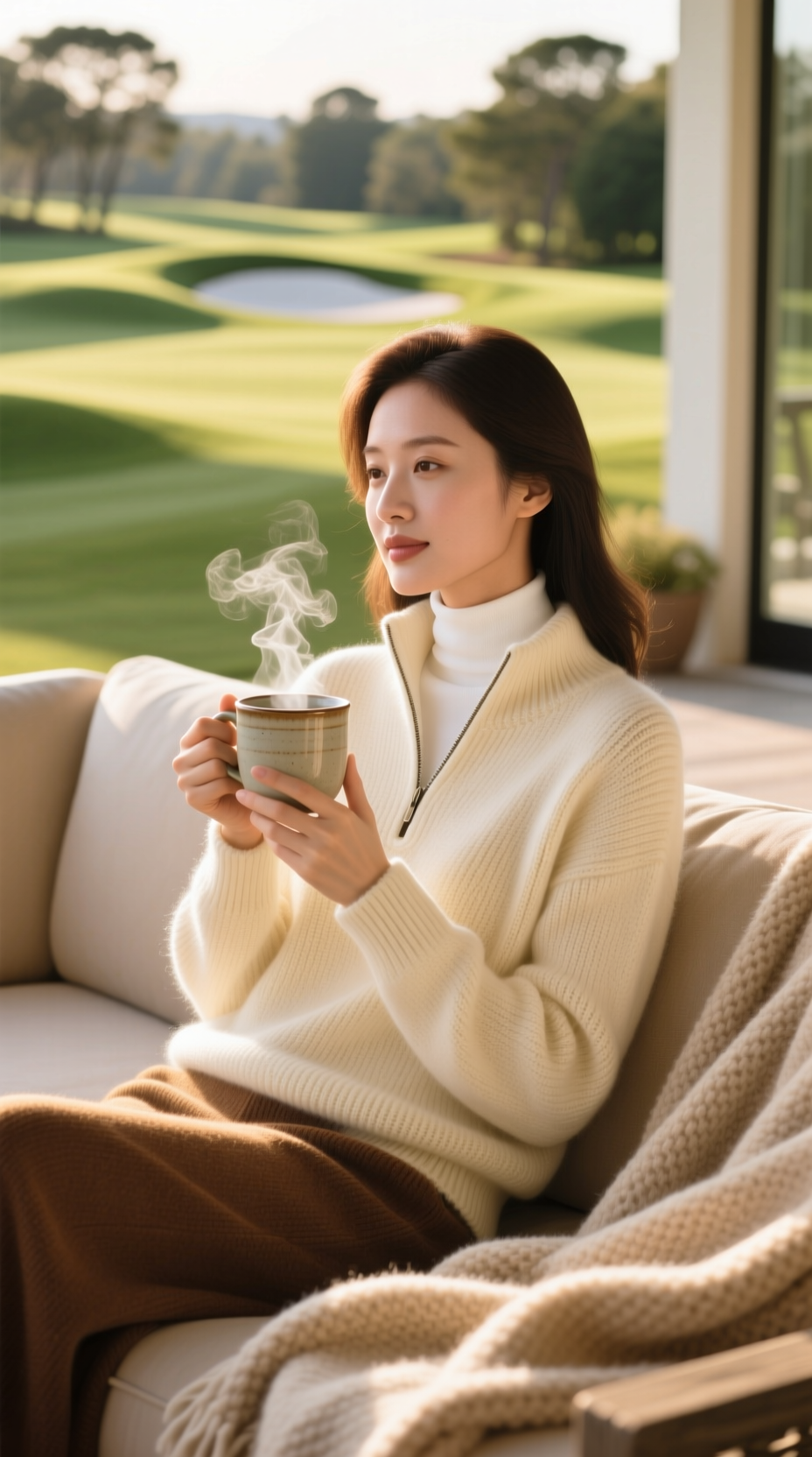 9 Genius Winter Golf Aesthetic Outfits To Look Chic Not Bulky Close-Up Of A Woman In A Cozy Cream Merino Wool Half-Zip Sweater Holding A Warm Mug On A Golf Clubhouse Patio.