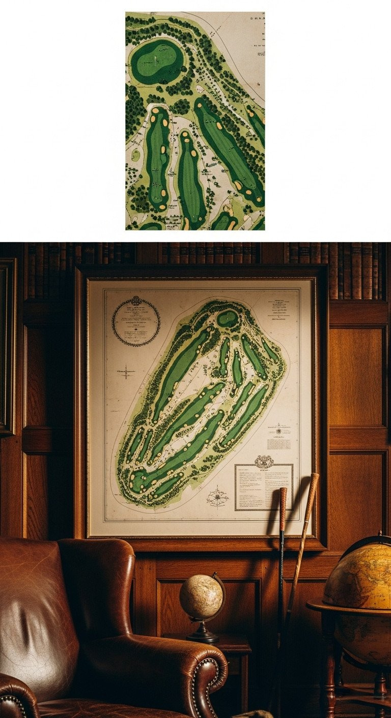 Golf Wall Art: Expert Design And Installation Guide Close-Up Of Antique-Style Blueprint Golf Course Map, St Andrews Or Augusta, Framed In Dark Wood, With Intricate Cartographic Details.