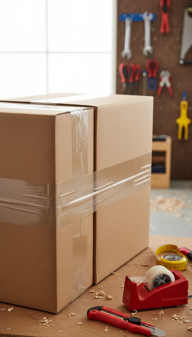 Stop Struggling To Wrap A Golf Bag 7 Simple Christmas Hacks Close-Up Of Golf Bag In Telescoping Cardboard Box, Secured With Clear Packing Tape, With Measuring Tape And Utility Knife In A Bright Workshop.