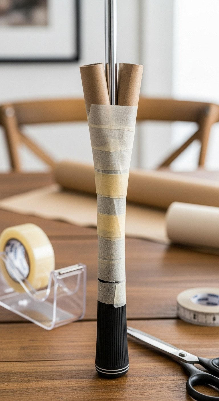 7 Easy Ways To Wrap A Golf Club And Disguise The Shape Close-Up Of Golf Club Shaft Secured With Two Wrapping Paper Tubes And Masking Tape On A Rustic Wooden Table, Surrounded By Craft Tools.
