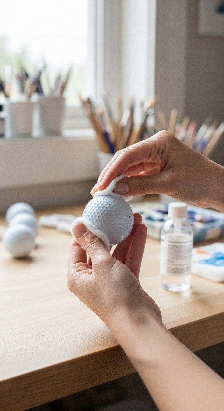 Close-Up Of Hands Cleaning A Glossy White Golf Ball With A Cotton Pad On A Wooden Workbench, Preparing For A Diy Art Project.
