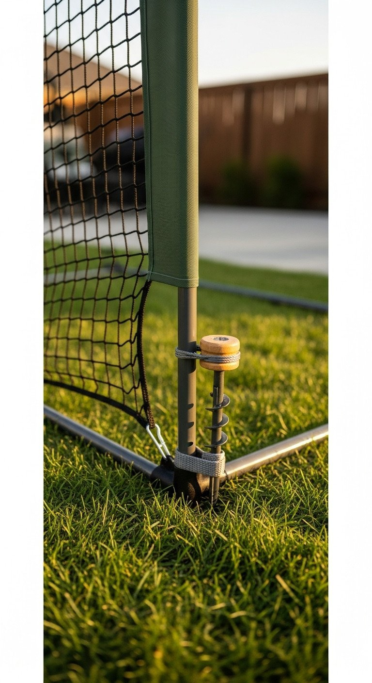 Close-Up Of Heavy-Duty Corkscrew Ground Anchor Securing Diy Golf Net Frame With A Strap In A Green Backyard.