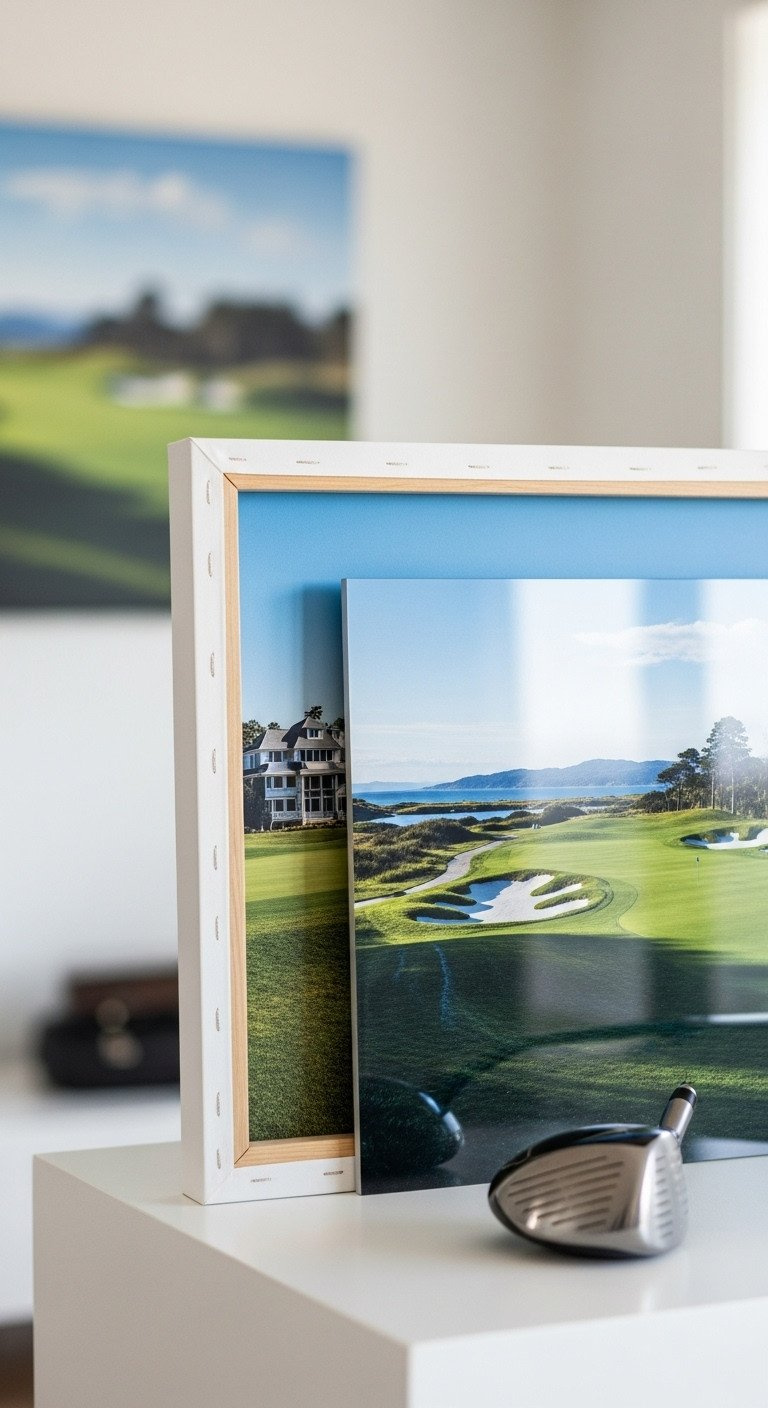 Golf Wall Art: Expert Design And Installation Guide Close-Up Of High-End Golf Wall Art: Matte Giclée Canvas Vs. Glossy Metal Print Of A Scenic Pebble Beach Golf Course, Luxury Decor.