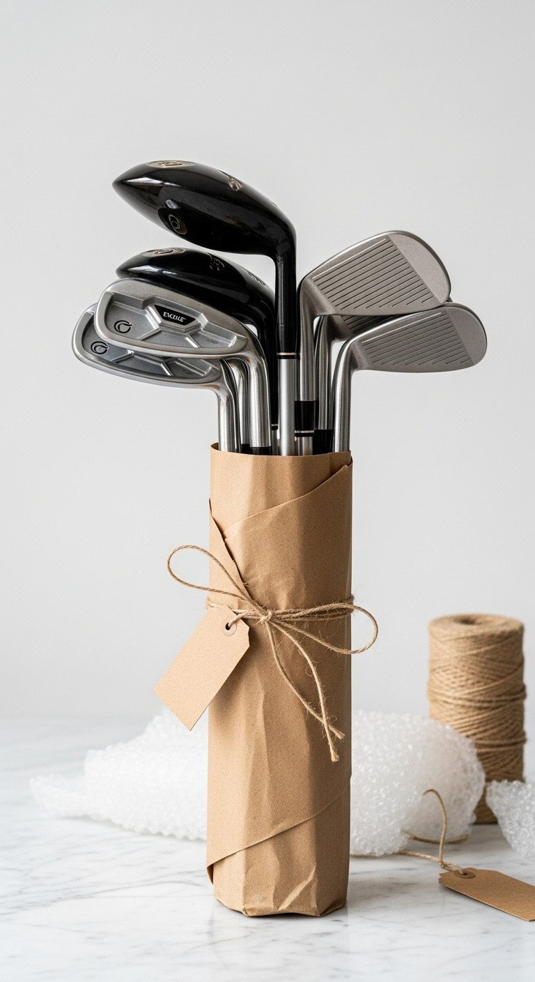 7 Easy Ways To Wrap A Golf Club And Disguise The Shape Close-Up Of Multiple Golf Irons And Putter Bundled In Brown Packing Paper With Twine, Gift Tag, And Bubble Wrap On Marble.