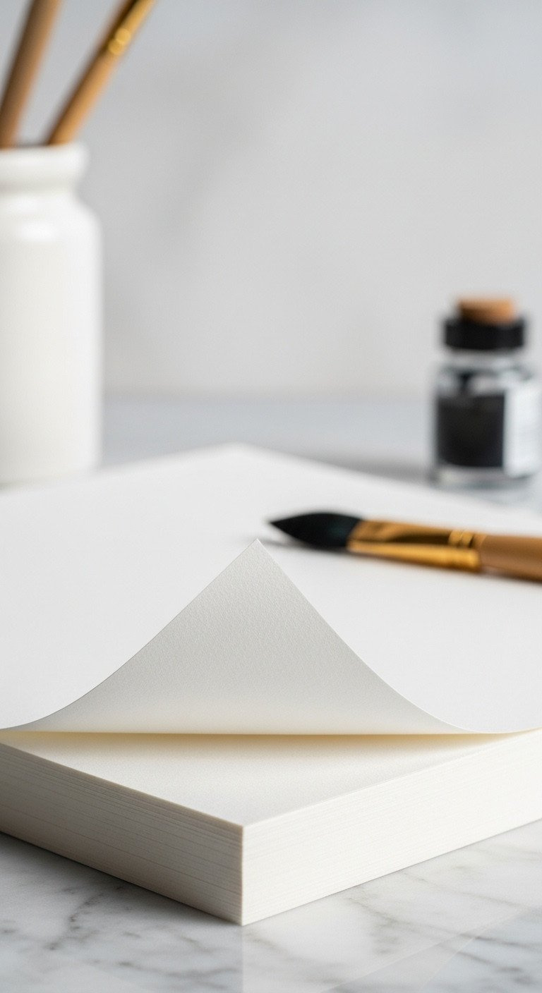 Close-Up Of Thick, Cold-Press 100% Cotton Watercolor Paper With A Lifted Corner, Showcasing Texture On Marble, With Brush And Ink.