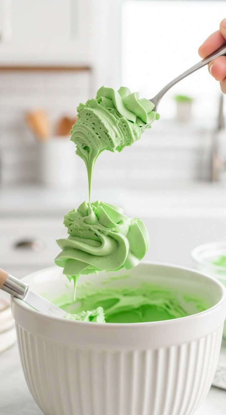 Golf Cake Piping Secrets For Structural Stability Guide Close-Up Of Vibrant Green, Ultra-Stiff American Buttercream Frosting In A White Bowl, Being Tested With A Spoon For Peak Formation, Kitchen Background.