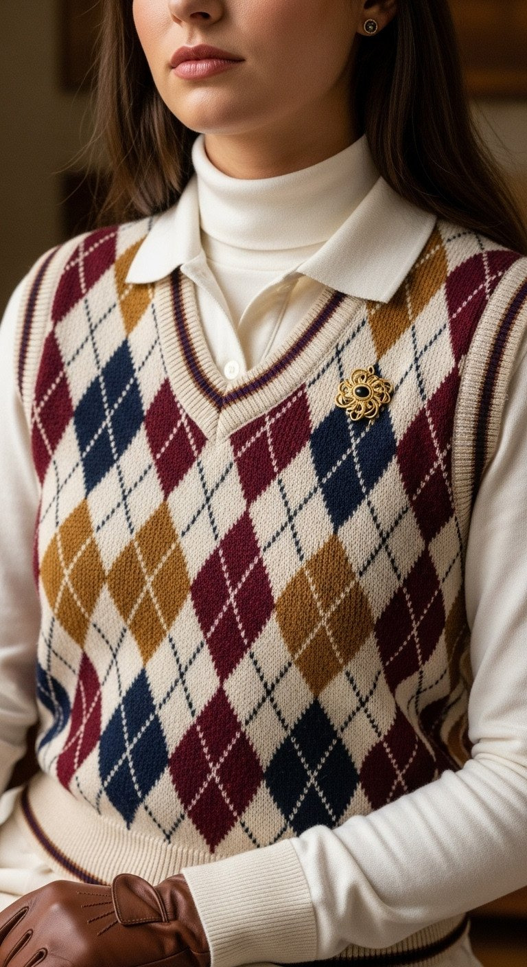 Close-Up Of Women'S Vintage Argyle Sweater Vest Layered Over White Polo. Classic Knitwear, Golf Fashion, Cozy Style.