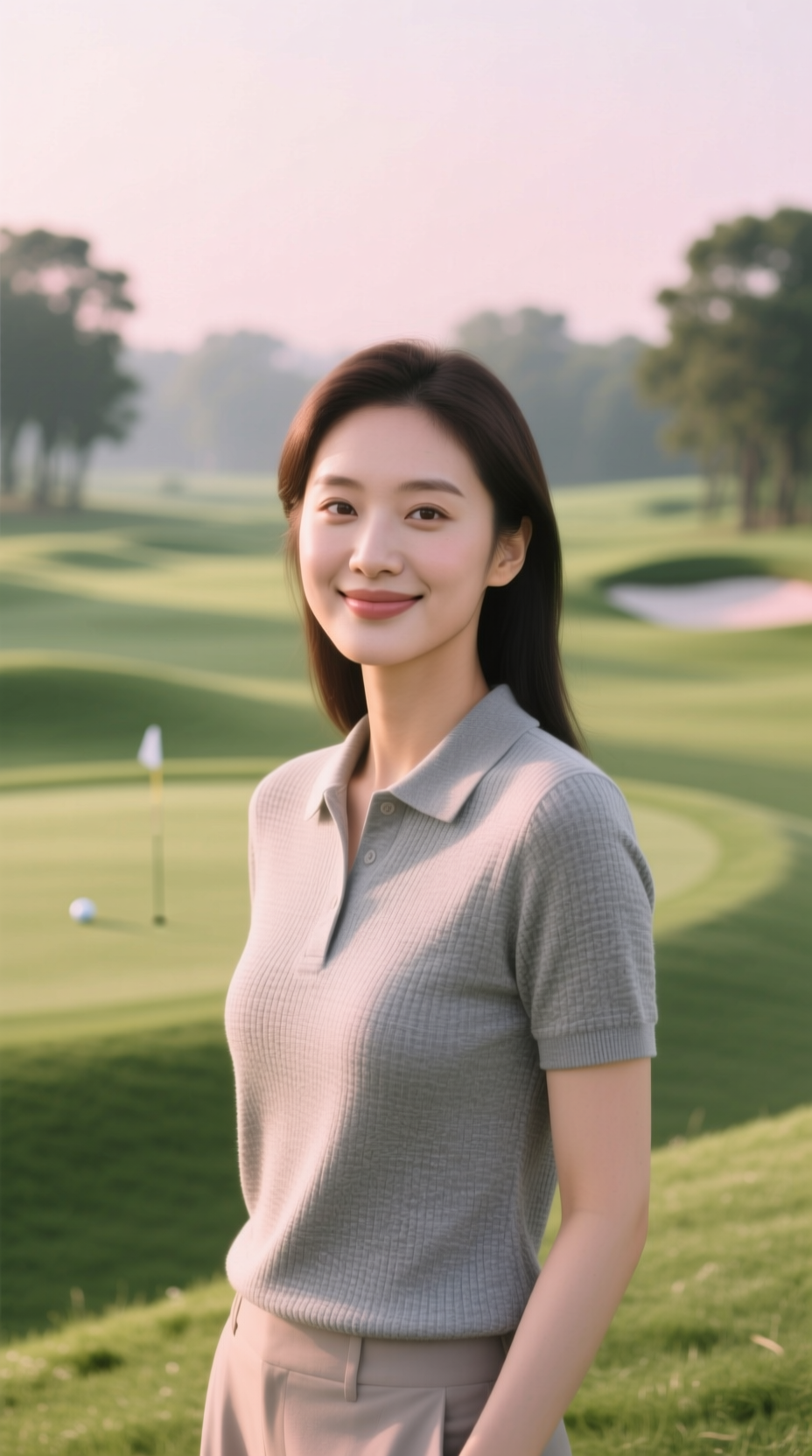 Close-Up Portrait Of A Woman Smiling On A Golf Course, Her Face In Sharp Focus With A Softly Blurred Green Bokeh Background.