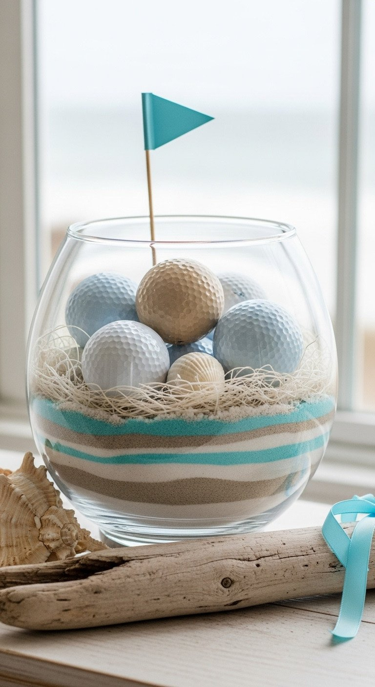 Coastal Golf Centerpiece: Glass Bowl With Sand, Sea Grass, Light Blue And White Golf Balls, Seashells On Driftwood.