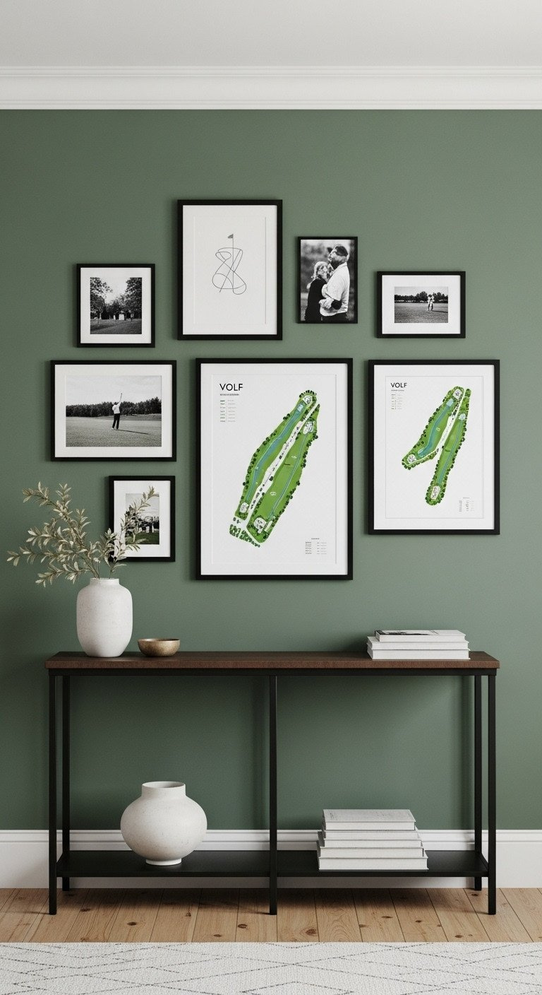 Smart Guide To Golf Wall Art Quality Sizing And Style Cohesive Gallery Wall Featuring Framed Golf Prints In Various Styles, Black Frames, White Matting, Centered Over A Console Table.