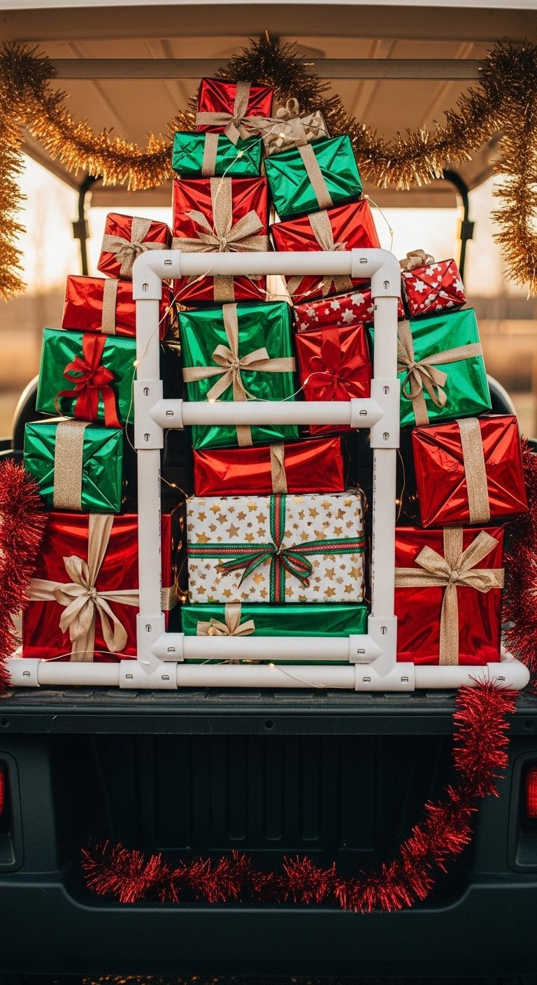Colorful Christmas 'Present Pile' Prop With Fairy Lights, Securely Built In A Golf Cart'S Rear Cargo Area For A Festive Look.