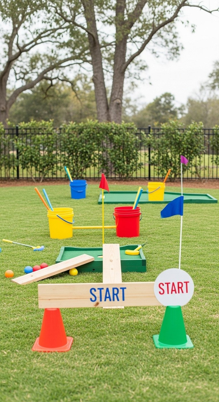 9 Genius Golf Birthday Party Ideas For Kids And Adults Colorful Diy Backyard Mini Golf Course With Plastic Buckets, Wooden Ramps, Children'S Clubs, And Balls On Green Grass.