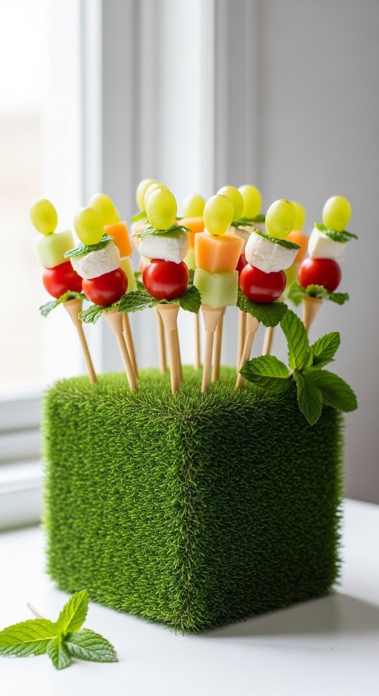 Colorful Fruit And Vegetable Skewers, Presented As 'Golf Tees' In Vibrant Green Artificial Turf With Fresh Mint Leaves.