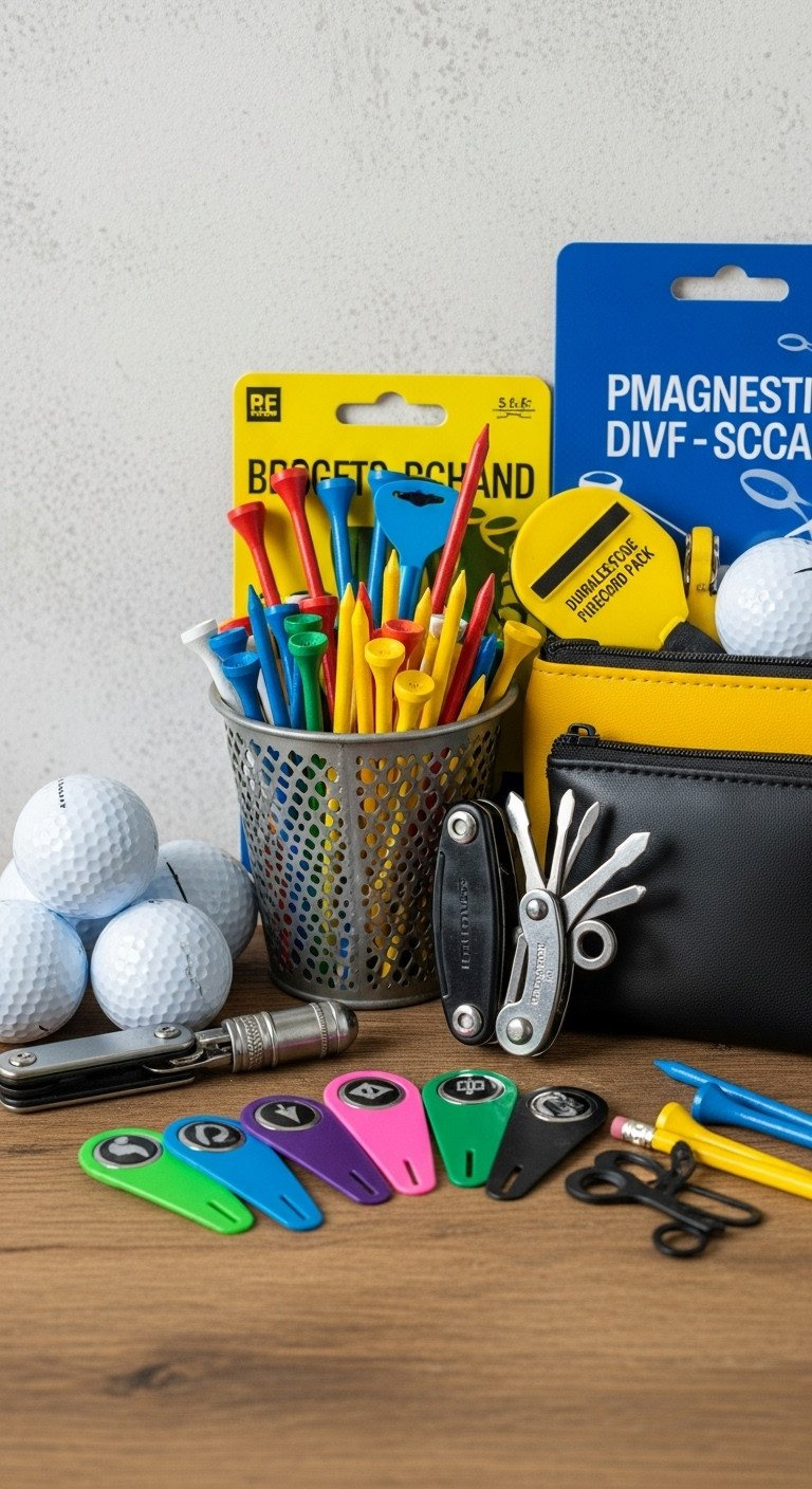 Colorful Golf Tees, Ball Markers, Multi-Tool Divot Repair Kit, And Magnetic Pouch. Budget-Friendly Golf Utility Accessories.