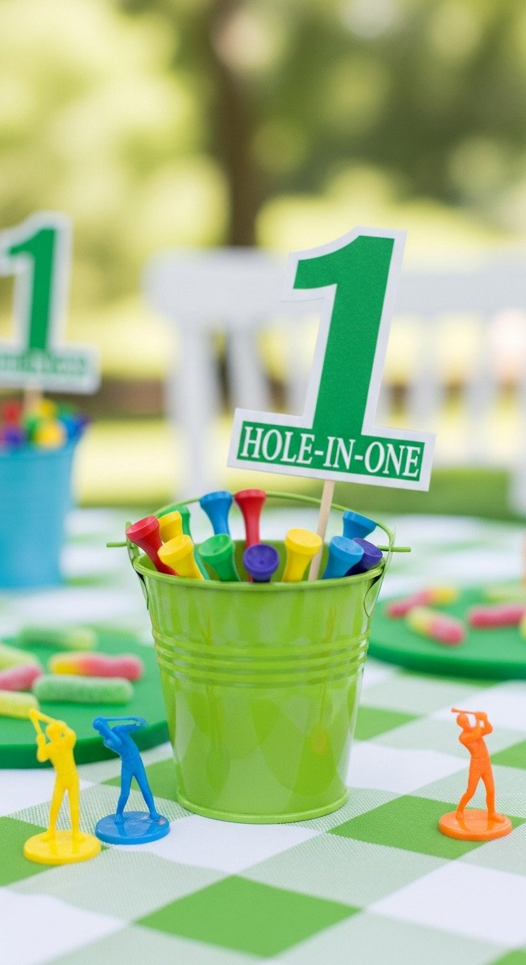 Colorful Kids Golf Birthday Centerpiece: Lime Green Bucket With Plastic Golf Tees, Large &Quot;1&Quot; Cutout, Toy Golfers.