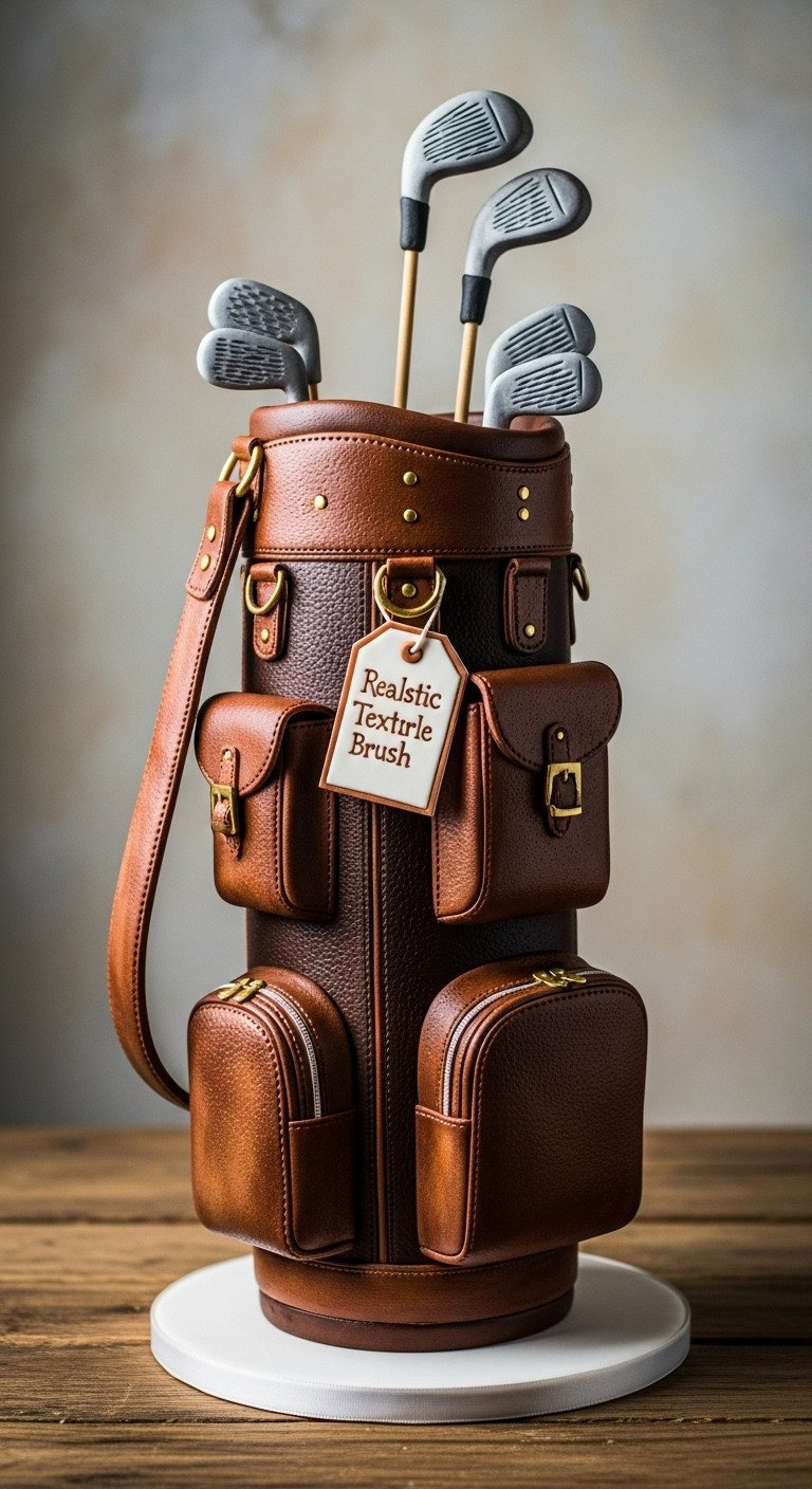 9 Golf Themed Cakes Beginner To Expert Designs And Tips Complex 3D Sculpted Golf Bag Cake In Dark Brown Modeling Chocolate With Stitched Textures And Gumpaste Golf Clubs.