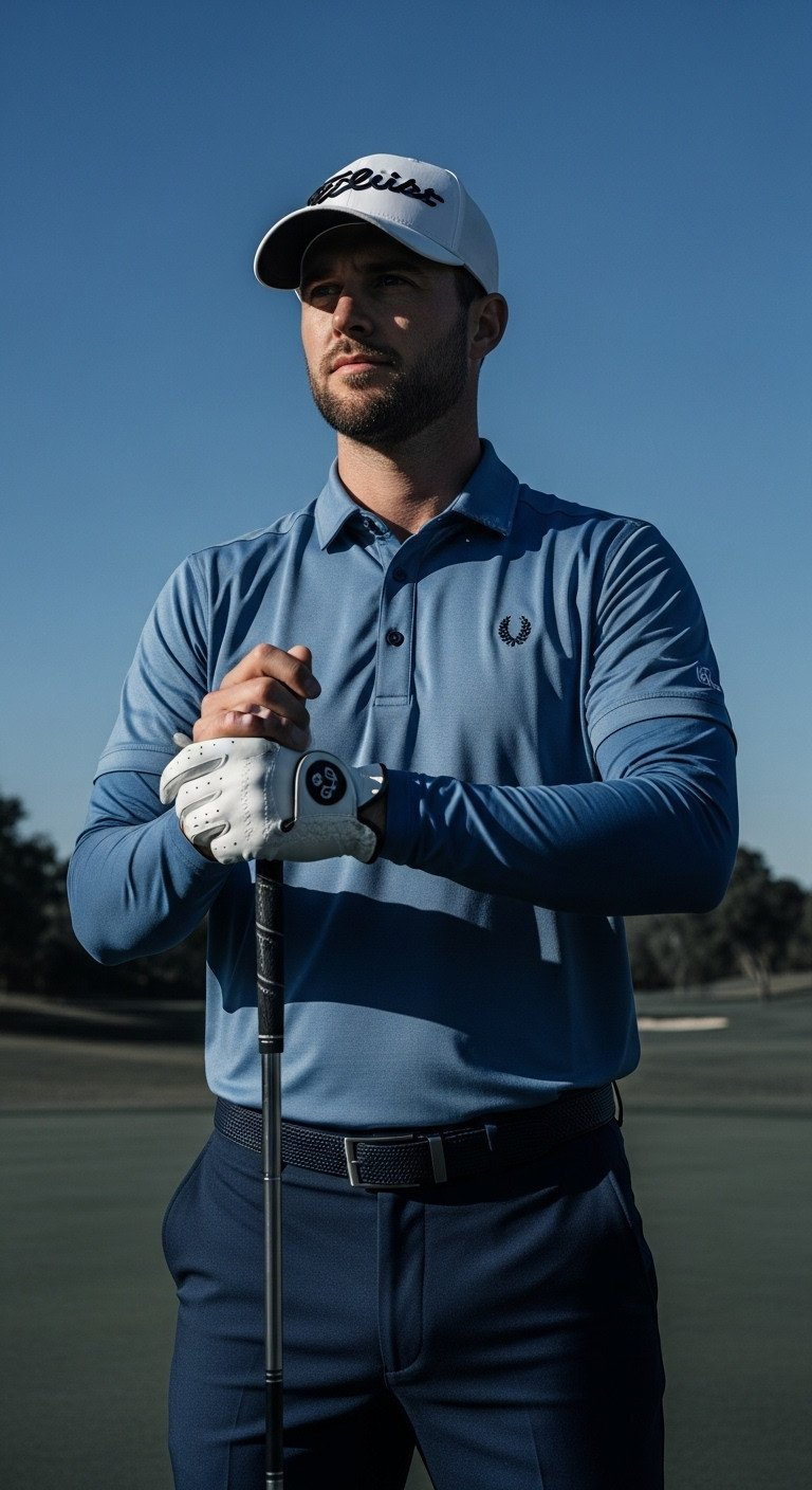 Ultimate Golf Photoshoot Ideas Poses And Pro Techniques Confident Golfer Standing On A Brightly Lit Midday Fairway Under A Dramatic Deep Blue Sky, Golf Glove Visible.