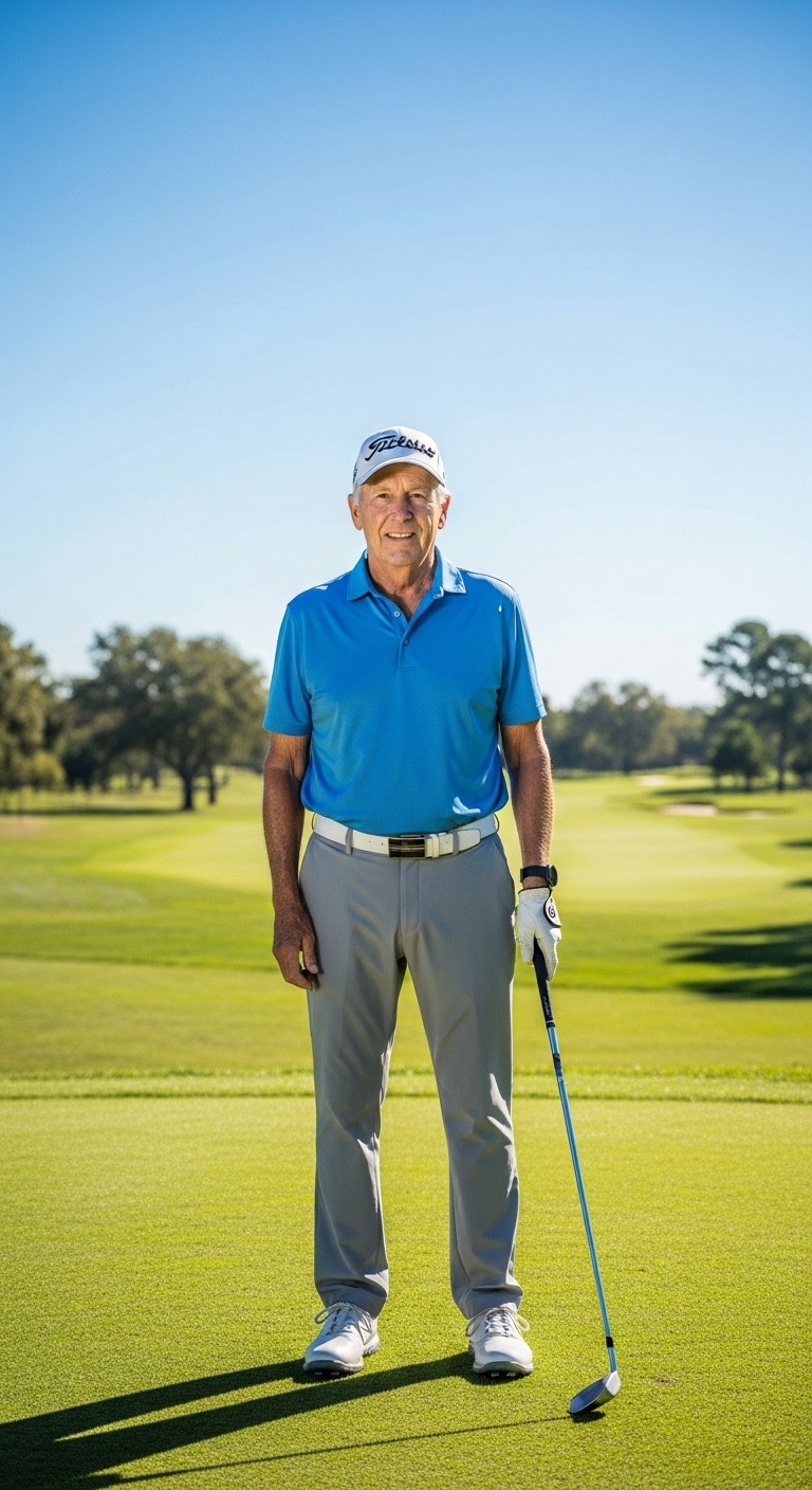 11 Golf Senior Picture Secrets And Pro Photography Tips Confident Senior Golfer On Bright Tee Box At High Noon, Looking At Camera, With Crisp Uniform.