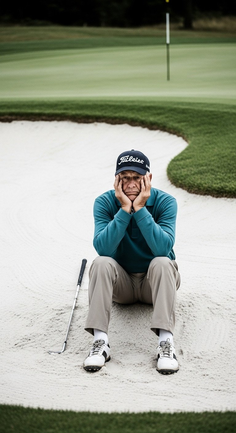 11 Golf Senior Picture Secrets And Pro Photography Tips Contemplative Senior Golfer Sitting In A White Sand Bunker, Elbows On Knees, With A Golf Wedge.